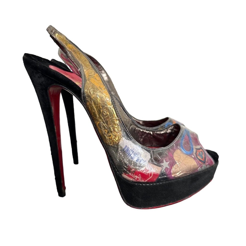Christian Louboutin Multicolor Metallic Patchwork Peep-Toe Slingback Heels